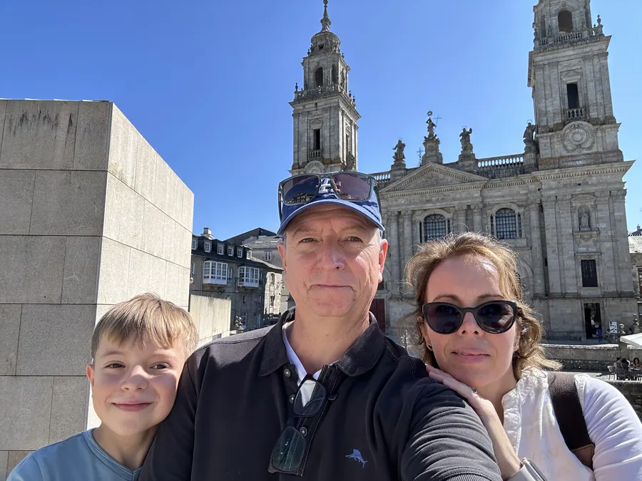 Rob and Ana Maria Fielding with their son at Lugo Cathedral, Galicia, near Ana Maria's family roots