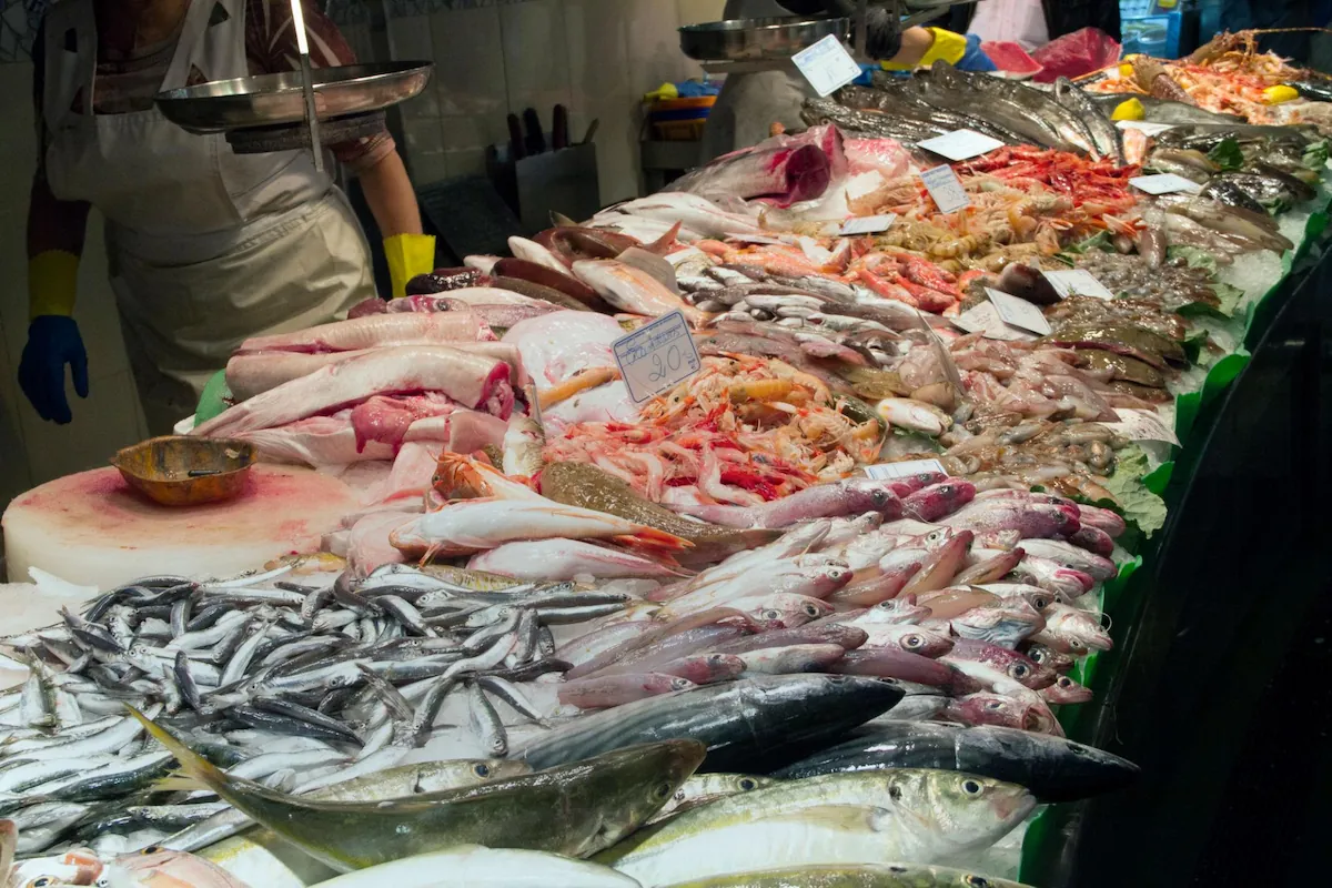 Fresh seafood on display at Mercado de Abastos in Santiago de Compostela