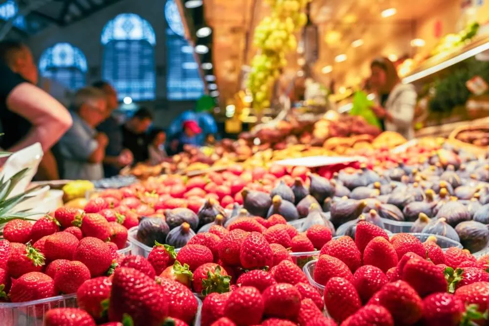 Fruit and produce stall inside Mercat Central, Valencia