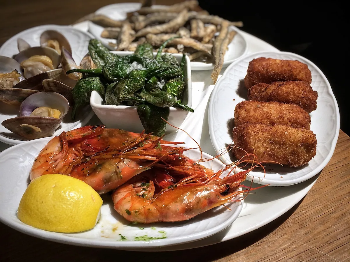 A loaded pintxos bar counter in San Sebastián's Parte Vieja