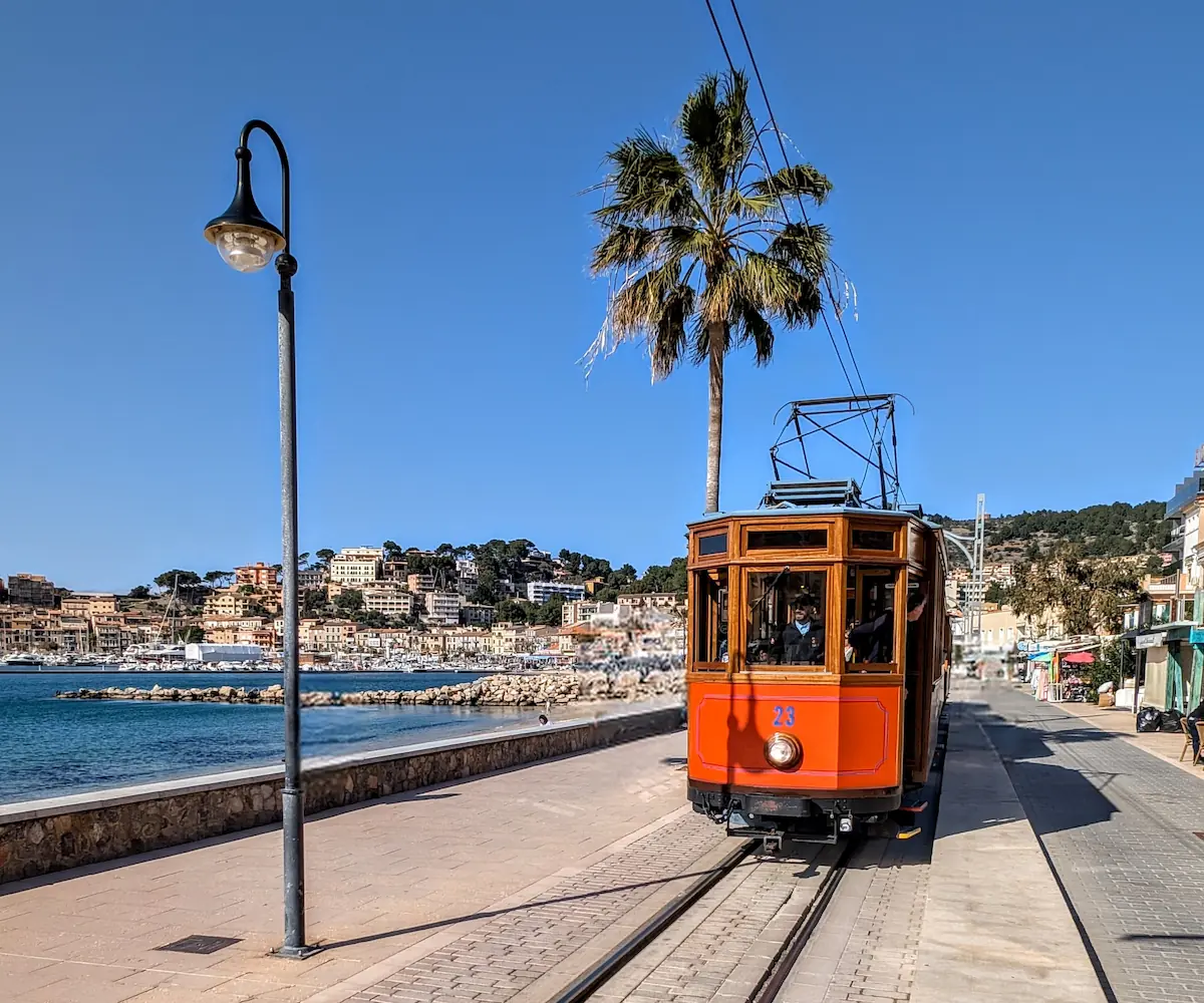 The vintage train arriving at Port de Sóller in Mallorca