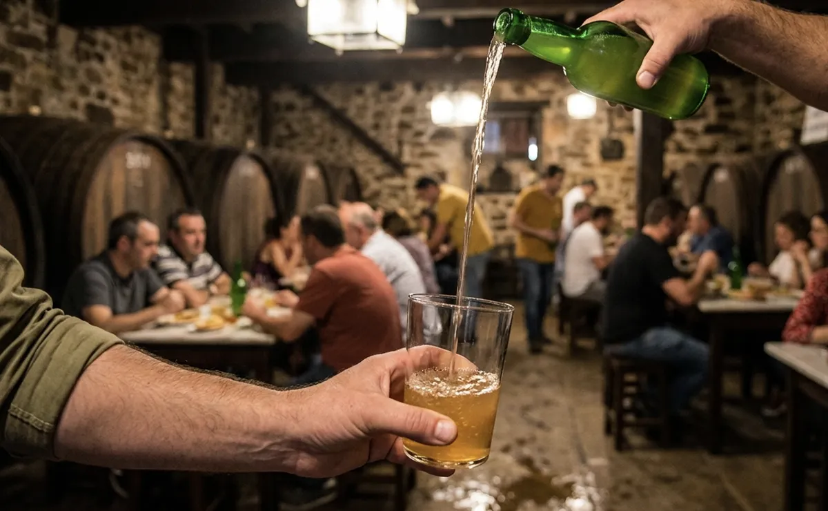 Traditional Asturian cider being poured from height at a llagar